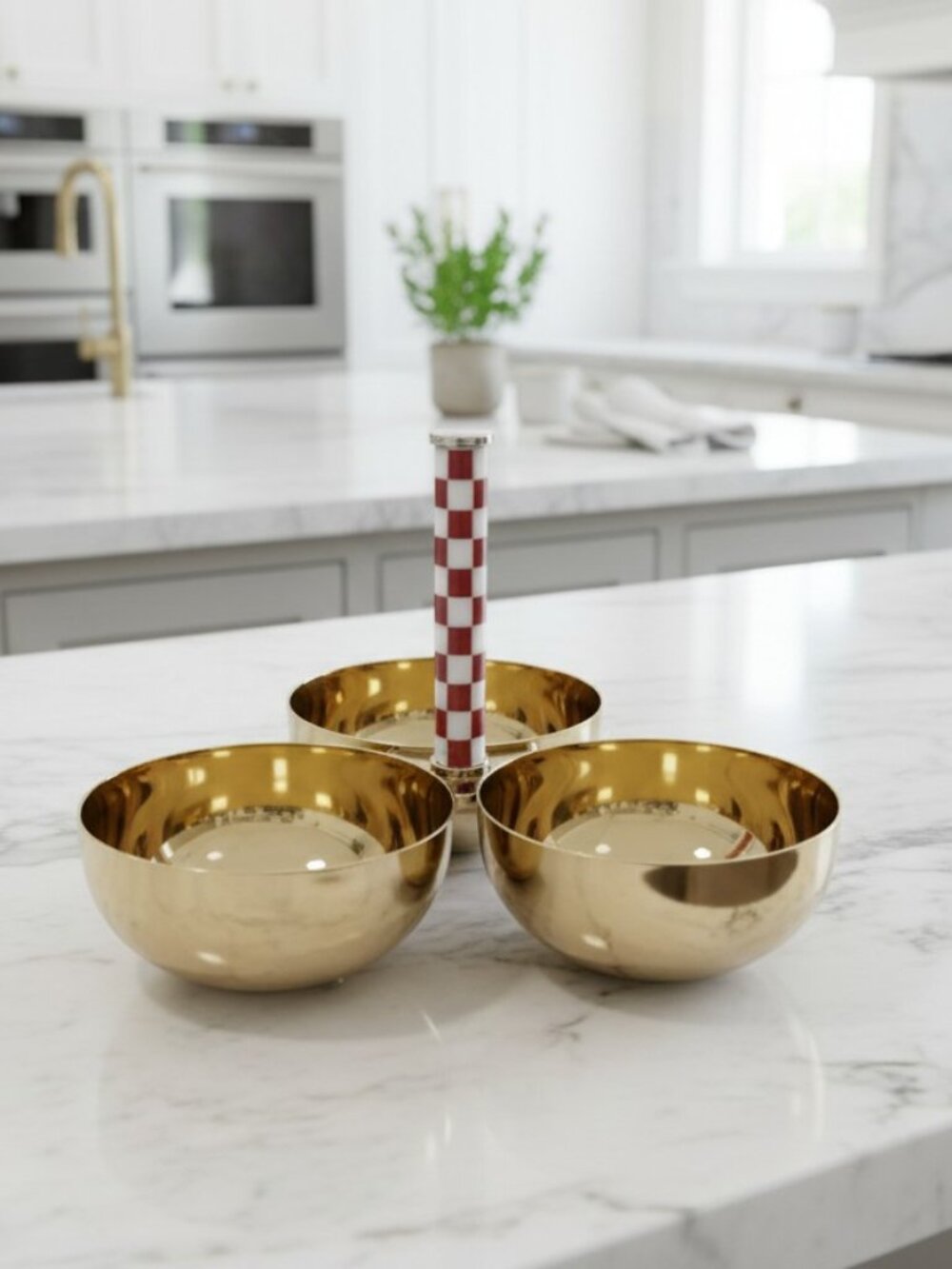 Tahari Home Gold Stainless Steel 3 Bowl Nut Dish Brown White Checkered Handle